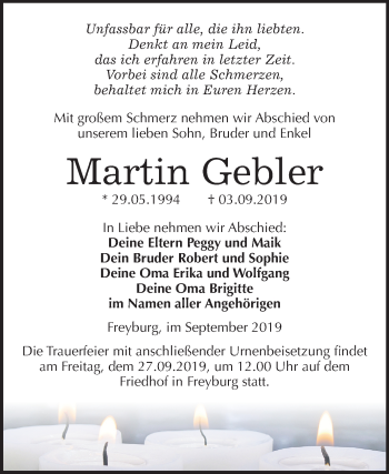 Traueranzeige von Martin Gebler von Wochenspiegel Naumburg/Nebra