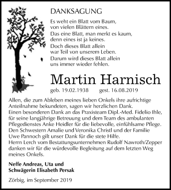 Traueranzeige von Martin Harnisch von Wochenspiegel Bitterfeld