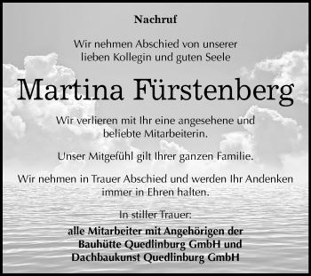 Traueranzeige von Martina Fürstenberg von Super Sonntag Quedlinburg