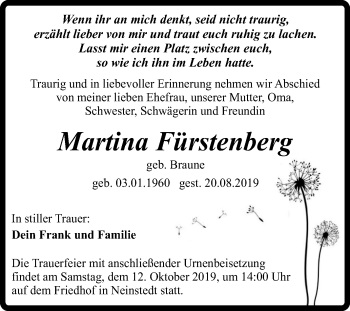 Traueranzeige von Martina Fürstenberg von Mitteldeutsche Zeitung Quedlinburg