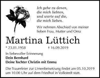 Traueranzeige von Martina Lüttich von Wochenspiegel Mansfelder Land