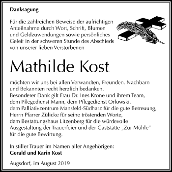 Traueranzeige von Mathilde Kost von Mitteldeutsche Zeitung Mansfelder Land