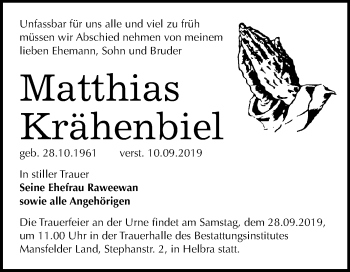 Traueranzeige von Matthias Krähenbiel von Mitteldeutsche Zeitung Mansfelder Land
