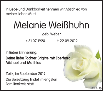 Traueranzeige von Melanie Weißhuhn von Super Sonntag Zeitz