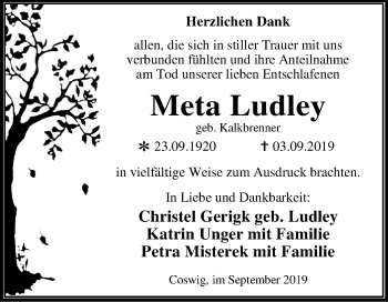 Traueranzeige von Meta Ludley von Super Sonntag Wittenberg