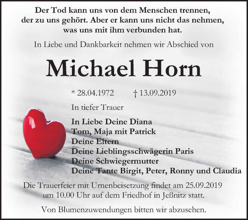  Traueranzeige für Michael Horn vom 21.09.2019 aus Mitteldeutsche Zeitung Bitterfeld