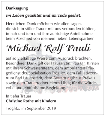 Traueranzeige von Michael Rolf Pauli von Super Sonntag Zeitz