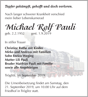 Traueranzeige von Michael Rolf Pauli von Super Sonntag Zeitz