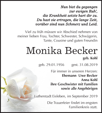 Traueranzeige von Monika Becker von Super Sonntag Mansfelder Land