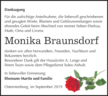 Traueranzeige von Monika Braunsdorf von Mitteldeutsche Zeitung Köthen