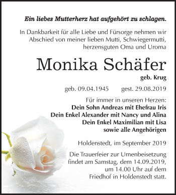Traueranzeige von Monika Schäfer von Mitteldeutsche Zeitung Sangerhausen