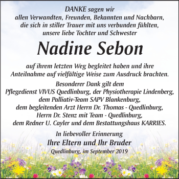 Traueranzeige von Nadine Sebon von Mitteldeutsche Zeitung Quedlinburg