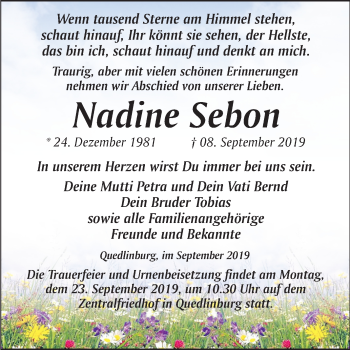 Traueranzeige von Nadine Sebon von Mitteldeutsche Zeitung Quedlinburg