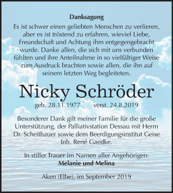 Traueranzeige von Nicky Schröder von Super Sonntag Köthen