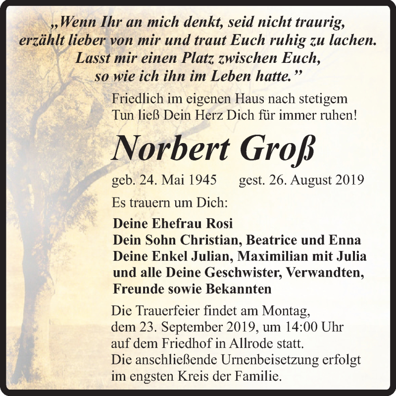  Traueranzeige für Norbert Groß vom 07.09.2019 aus Super Sonntag Quedlinburg