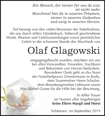 Traueranzeige von Olaf Glagowski von Mitteldeutsche Zeitung Wittenberg