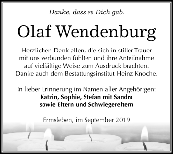 Traueranzeige von Olaf Wendenburg von Mitteldeutsche Zeitung Quedlinburg