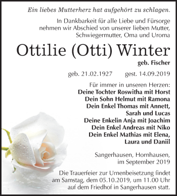 Traueranzeige von Ottilie Winter von Super Sonntag Sangerhausen