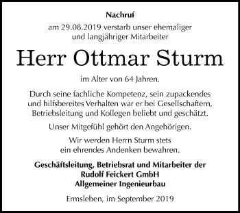 Traueranzeige von Ottmar Sturm von Super Sonntag Aschersleben