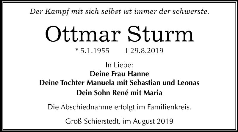  Traueranzeige für Ottmar Sturm vom 07.09.2019 aus Super Sonntag Aschersleben