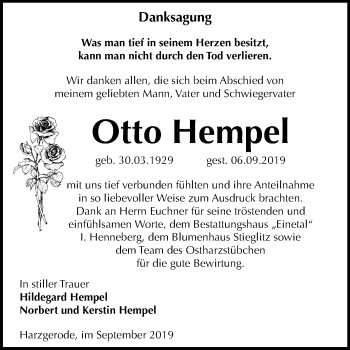 Traueranzeige von Otto Hempel von Super Sonntag Quedlinburg