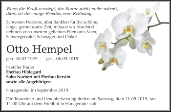 Traueranzeige von Otto Hempel von Super Sonntag Quedlinburg