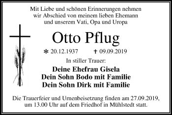 Traueranzeige von Otto Pflug von Super Sonntag Dessau-Roßlau