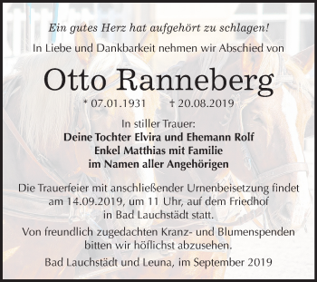 Traueranzeige von Otto Ranneberg von Wochenspiegel Merseburg/Querfurt