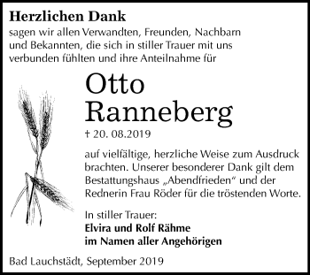 Traueranzeige von Otto Ranneberg von Wochenspiegel Merseburg/Querfurt