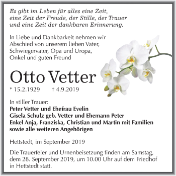 Traueranzeige von Otto Vetter von Mitteldeutsche Zeitung Mansfelder Land