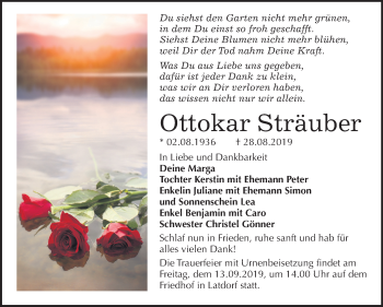Traueranzeige von Ottokar Sträuber von Mitteldeutsche Zeitung Bernburg
