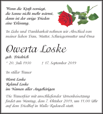 Traueranzeige von Owerta Loske von Mitteldeutsche Zeitung Halle/Saalkreis