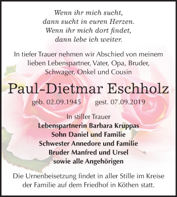 Traueranzeige von Paul-Dietmar Eschholz von Mitteldeutsche Zeitung Dessau-Roßlau