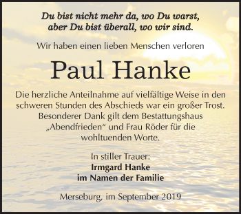 Traueranzeige von Paul Hanke von Super Sonntag Merseburg/Querfurt