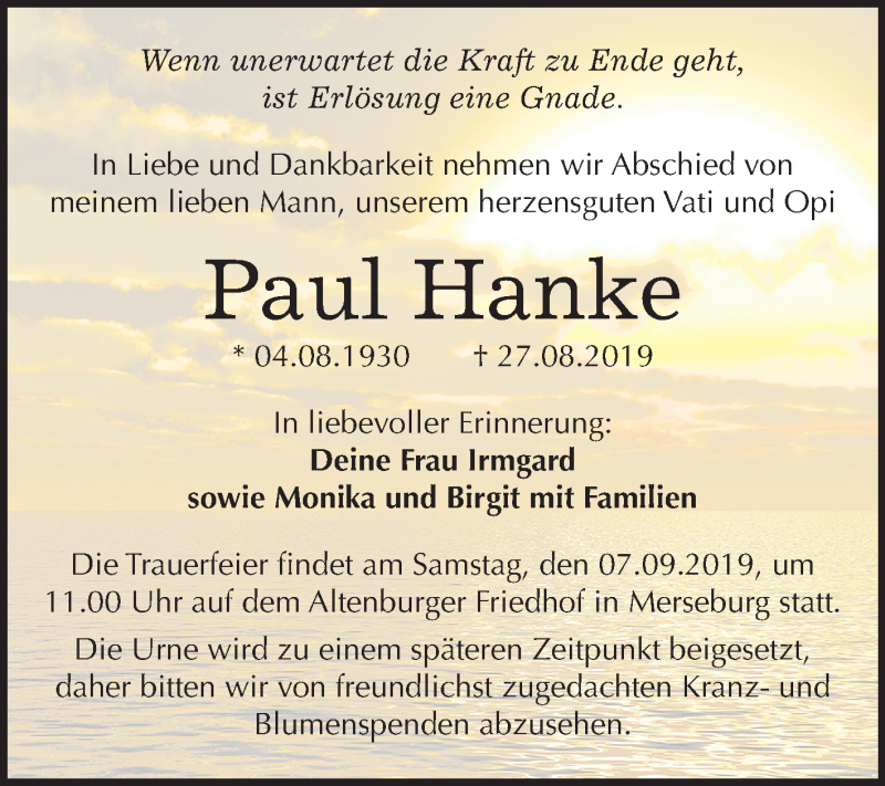  Traueranzeige für Paul Hanke vom 04.09.2019 aus Wochenspiegel Merseburg/Querfurt