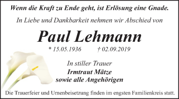 Traueranzeige von Paul Lehmann von Super Sonntag Dessau-Roßlau