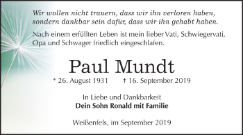 Traueranzeige von Paul Mundt von Wochenspiegel Weißenfels