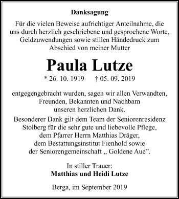 Traueranzeige von Paula Lutze von Mitteldeutsche Zeitung Sangerhausen