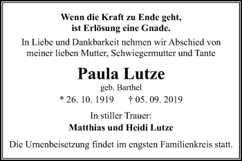 Traueranzeige von Paula Lutze von Mitteldeutsche Zeitung Sangerhausen