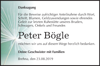 Traueranzeige von Peter Böle von Wochenspiegel Bitterfeld