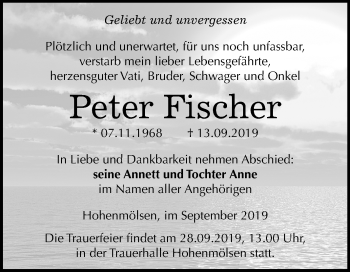 Traueranzeige von Peter Fischer von Mitteldeutsche Zeitung Weißenfels