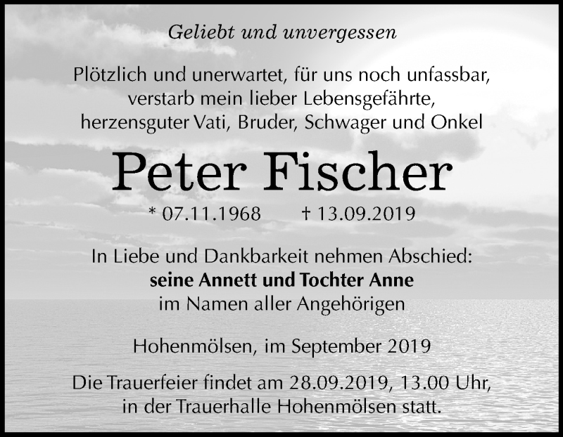  Traueranzeige für Peter Fischer vom 21.09.2019 aus Mitteldeutsche Zeitung Weißenfels