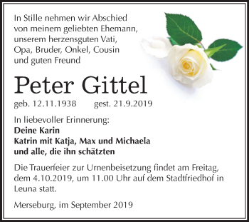 Traueranzeige von Peter Gittel von Mitteldeutsche Zeitung Merseburg/Querfurt