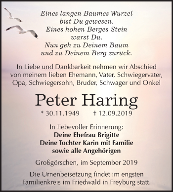 Traueranzeige von Peter Haring von Mitteldeutsche Zeitung Weißenfels
