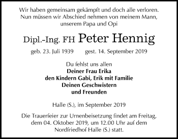 Traueranzeige von Peter Hennig von Mitteldeutsche Zeitung Halle/Saalkreis