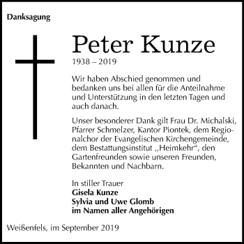 Traueranzeige von Peter Kunze von Mitteldeutsche Zeitung Weißenfels
