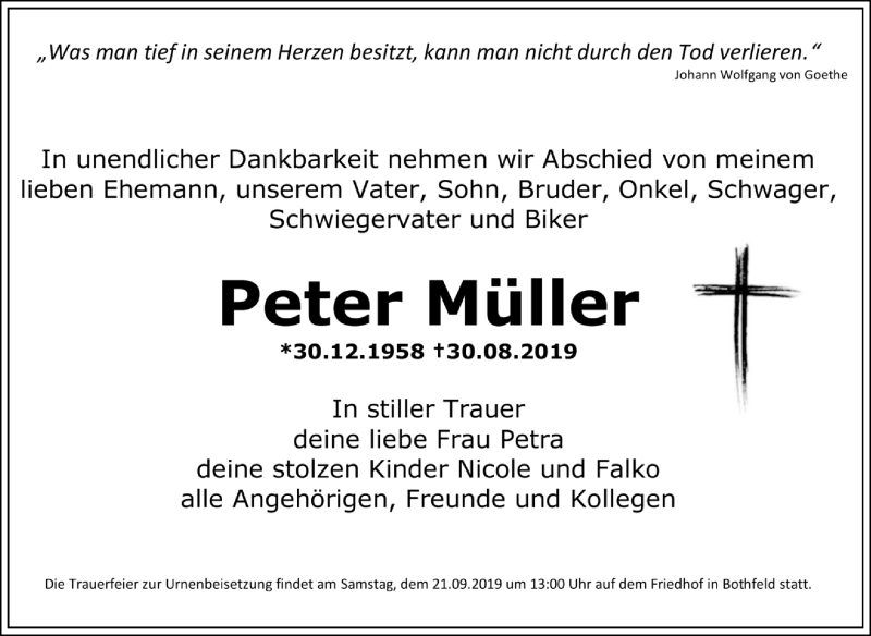  Traueranzeige für Peter Müller vom 11.09.2019 aus Wochenspiegel Weißenfels