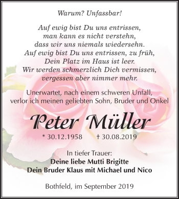 Traueranzeige von Peter Müller von Wochenspiegel Weißenfels