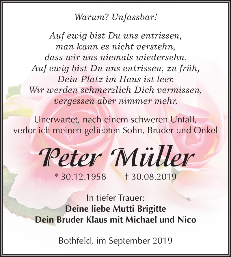  Traueranzeige für Peter Müller vom 14.09.2019 aus Mitteldeutsche Zeitung Weißenfels
