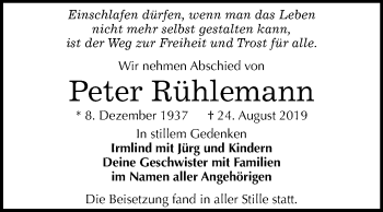 Traueranzeige von Peter Rühlemann von Wochenspiegel Weißenfels